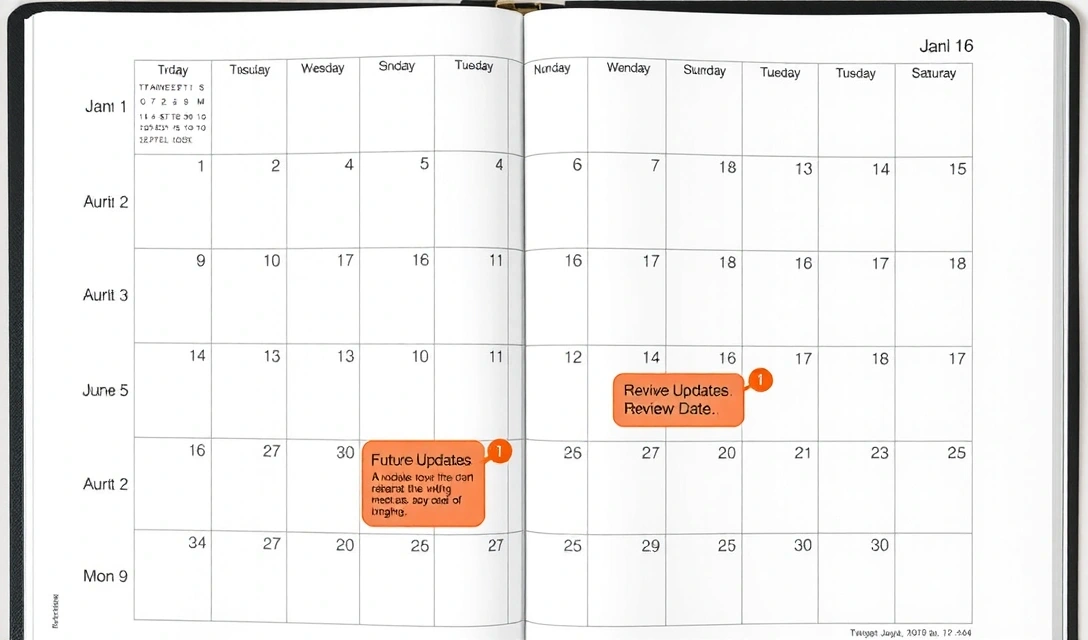 Calendar with highlighted dates indicating future updates
